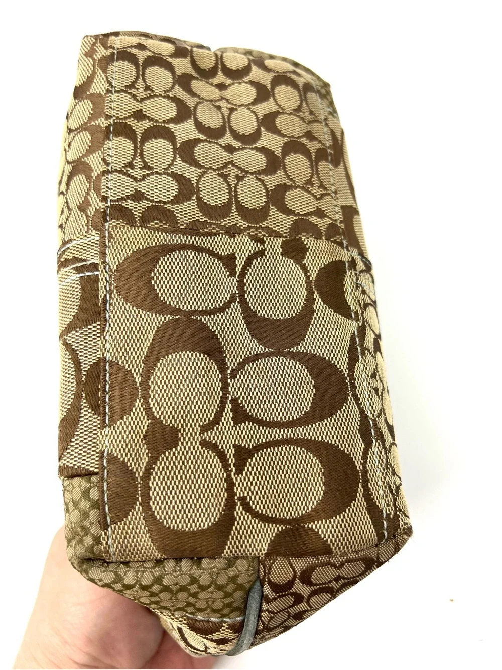 Coach Signature Vintage Y2K Patchwork Hobo Handbag Brown Tan Blue Trim Small